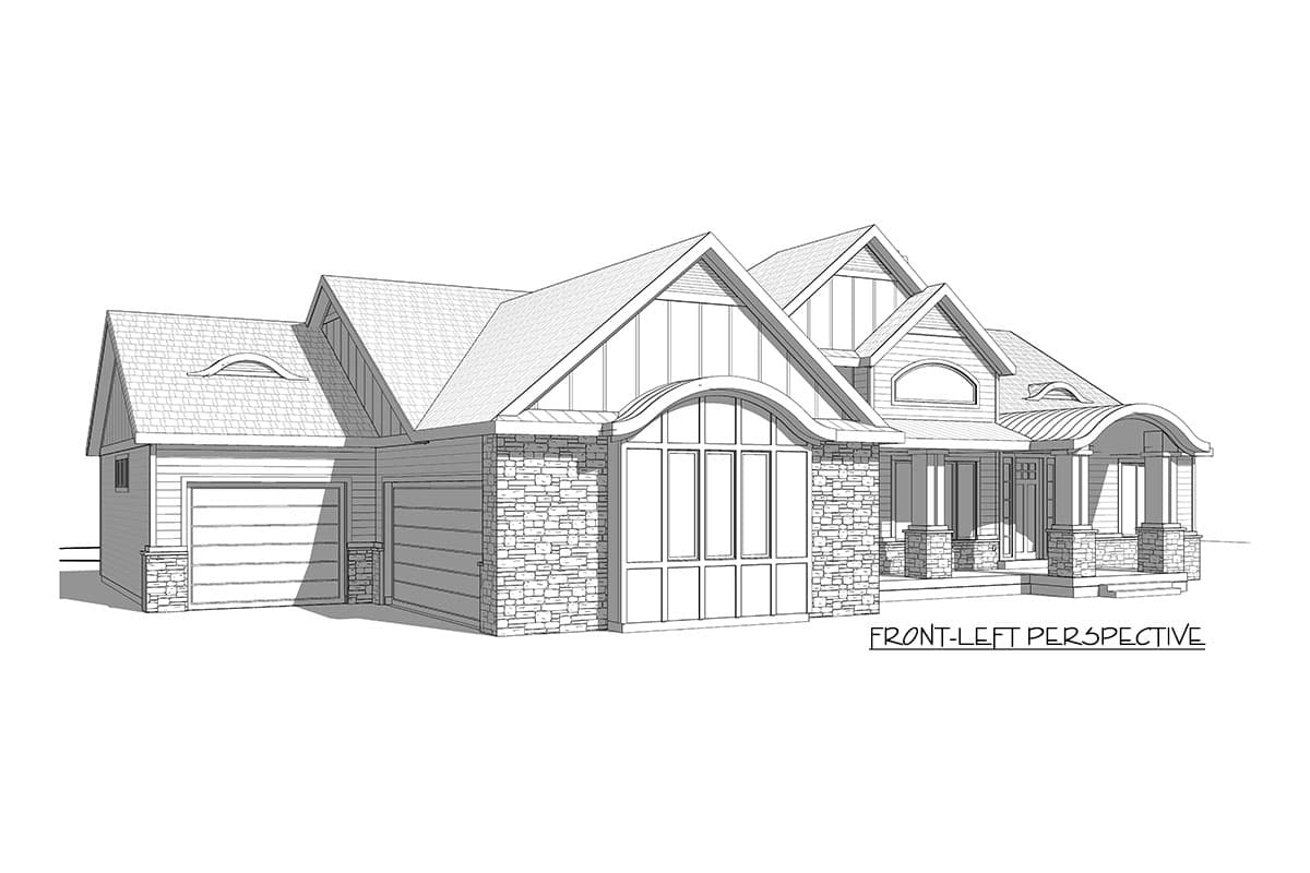 House plan exterior, two-story home with stone accents, multiple gables, arched dormer, and covered porch.