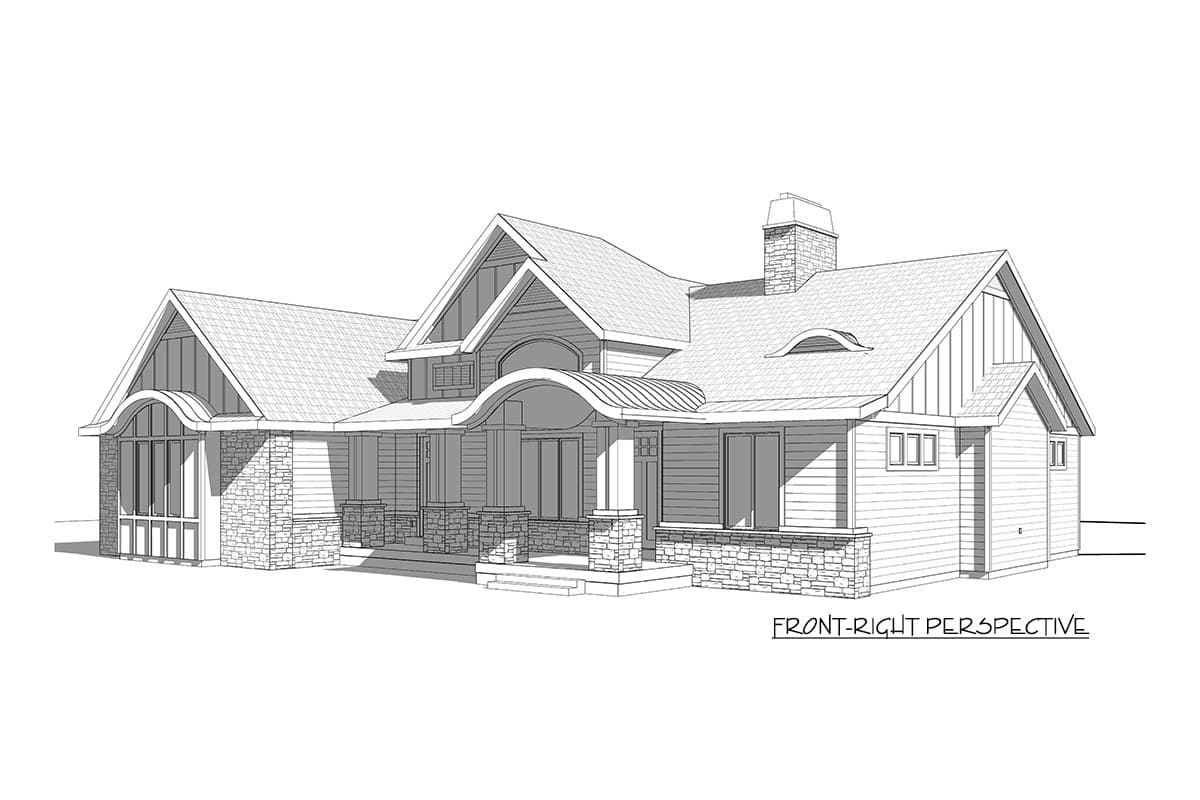 House plan exterior: Modern Craftsman style, multi-story, stone accents, gabled dormer, covered porch with stone pillars, arched window.
