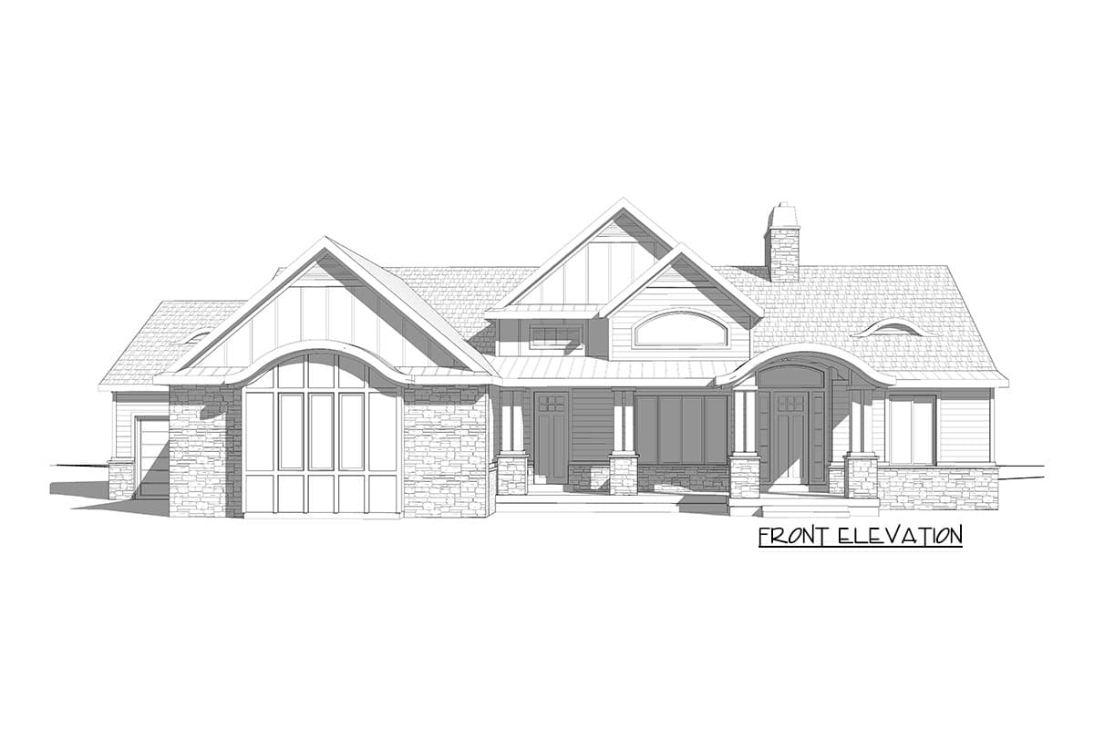 Front elevation house plan featuring stone accents, gables, arched garage door, and covered entry.