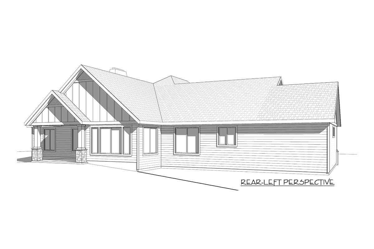 House plan exterior: Ranch style, one story, with a covered front porch, gable detailing, and horizontal siding.