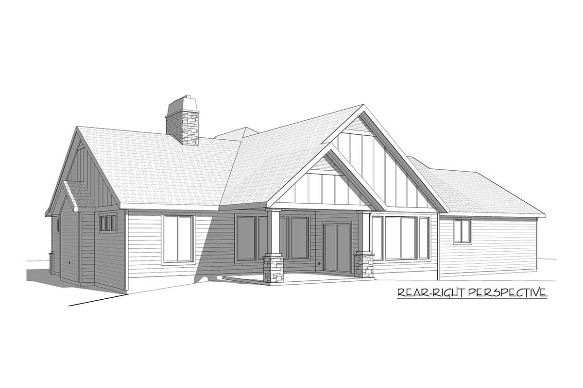 House plan exterior, single-story with stone chimney, covered patio with stone pillars, and prominent gable.