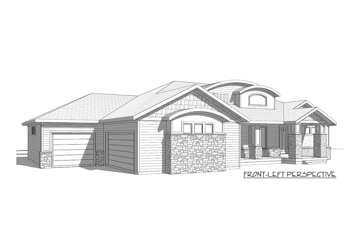House plan exterior, one-story residence with attached two-car garage, stone accents, gabled roof, and arched dormer.