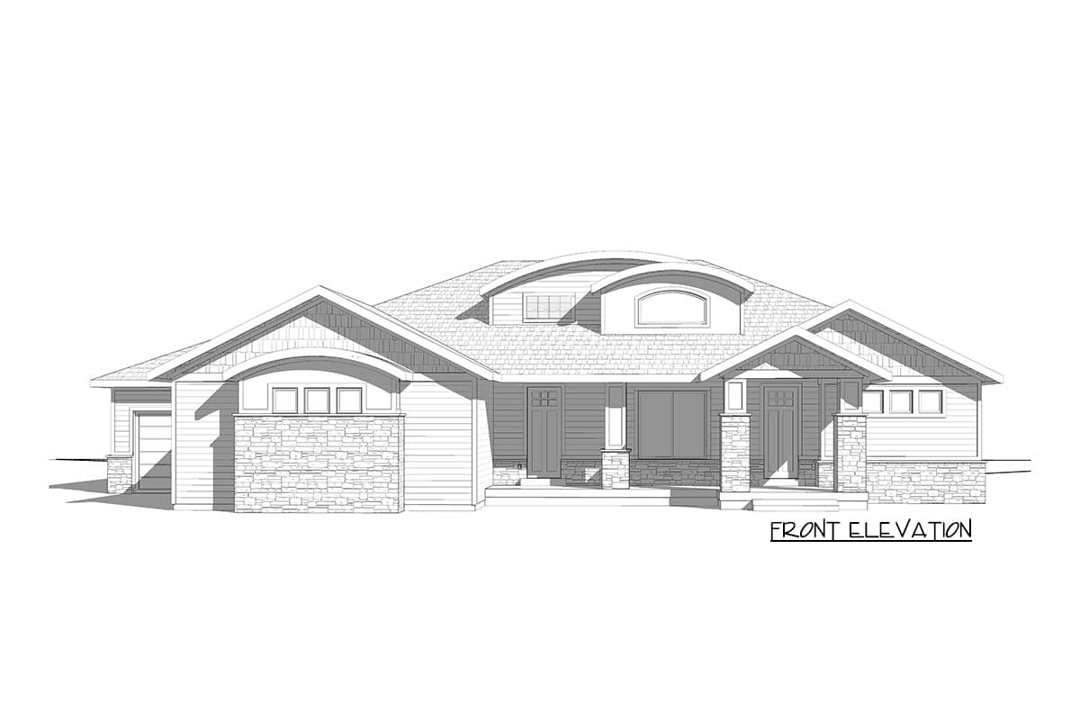 Front elevation drawing of a one-story house with stone accents, multiple gables, and a dormer.