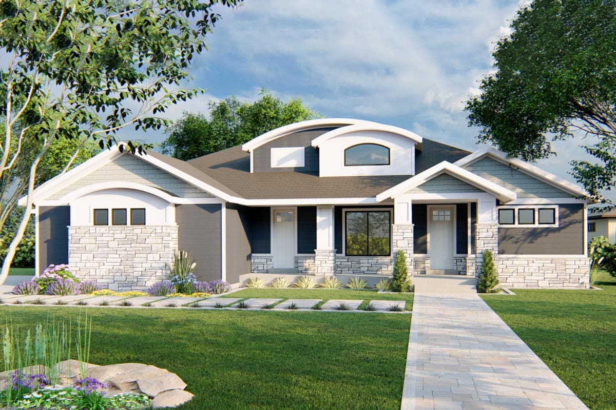 House plan exterior. One-story modern home with arched dormer, stone accents, and a front-facing garage. Features a covered porch and gables.