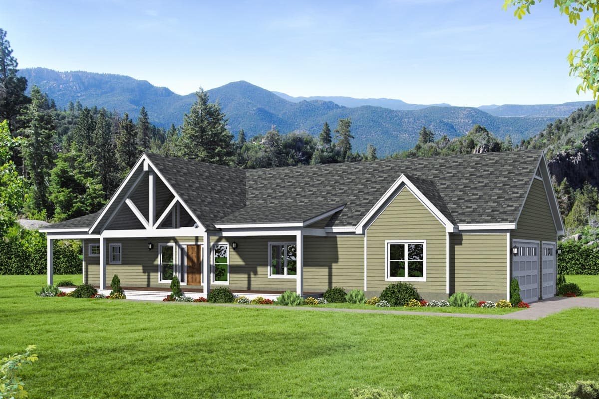 House plan exterior: single-story home with covered front porch, prominent gable with exposed rafter tails, and attached three-car garage.