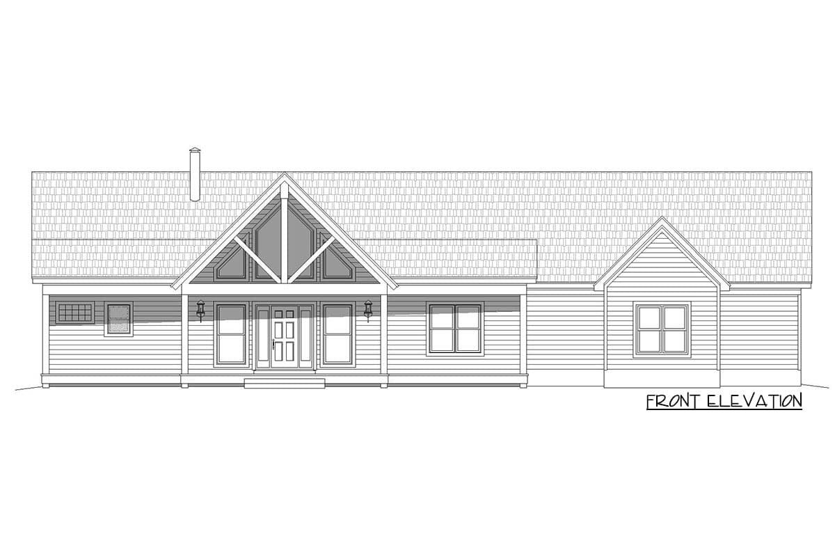 Front elevation of a single-story house plan with a prominent gable entry, covered porch, and horizontal siding.