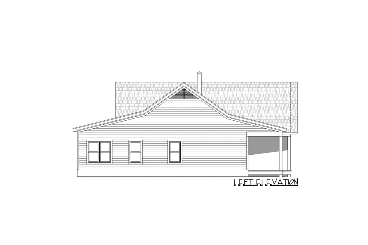 Left elevation house plan showing a gambrel roofline, a front-facing gable vent, three windows, and a covered porch.
