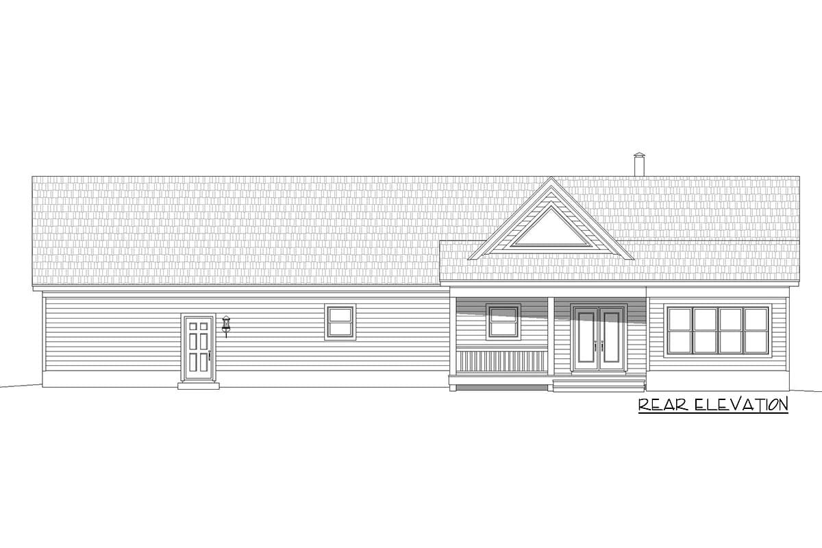 Rear elevation drawing of a single-story house plan with a front porch, gabled dormer, double entry doors, and horizontal siding.