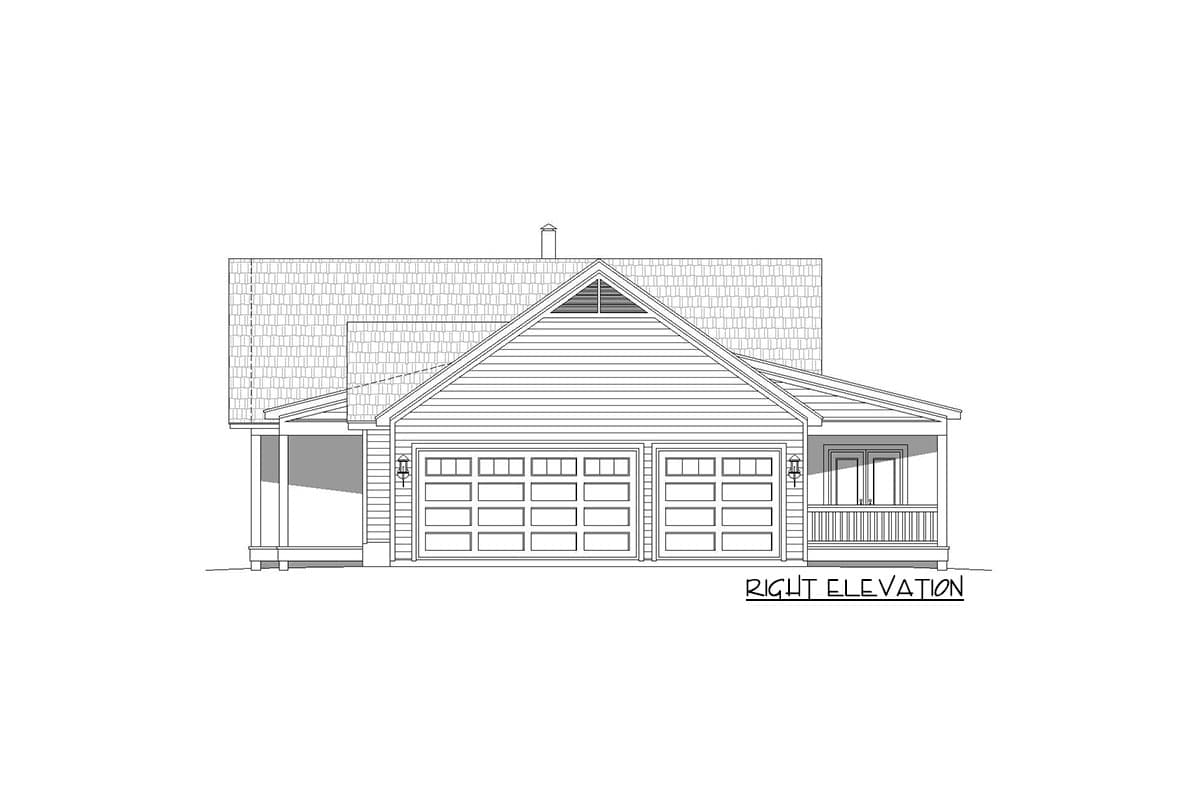 House plan right elevation with a gabled roof, two-car garage, and front porch.