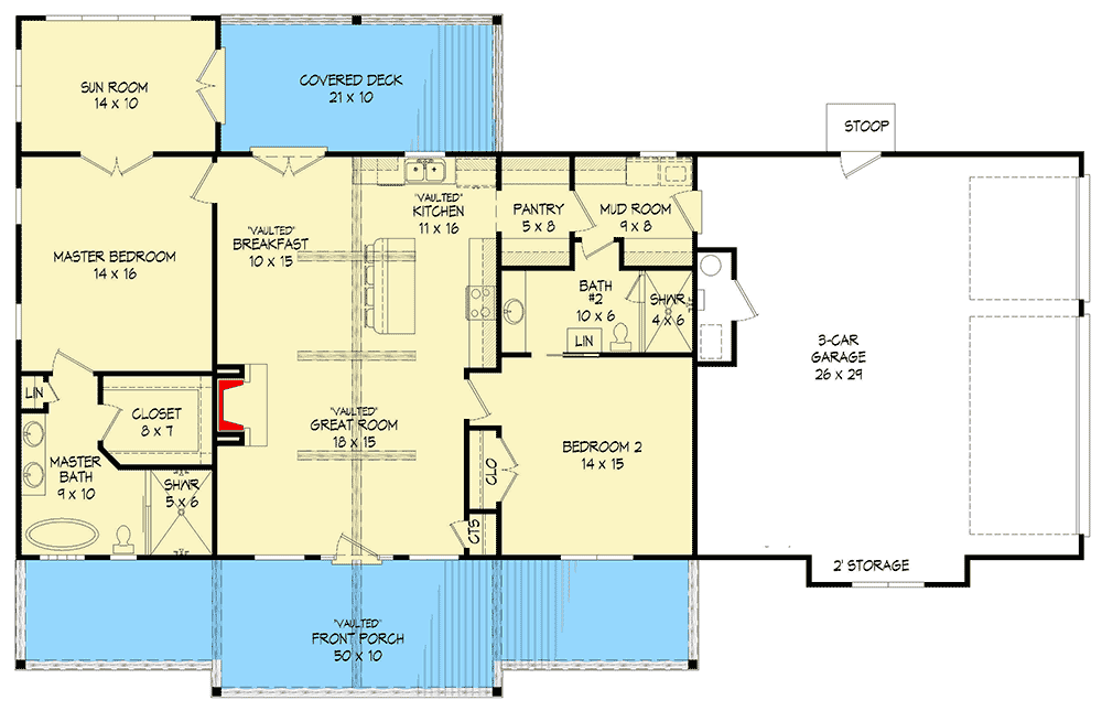 Plan 68464VR: Mountain Ranch Home Plan with Master Suite Sun Room - Floor Plan - Main Level - Country, Ranch, Rustic, Southern, Traditional