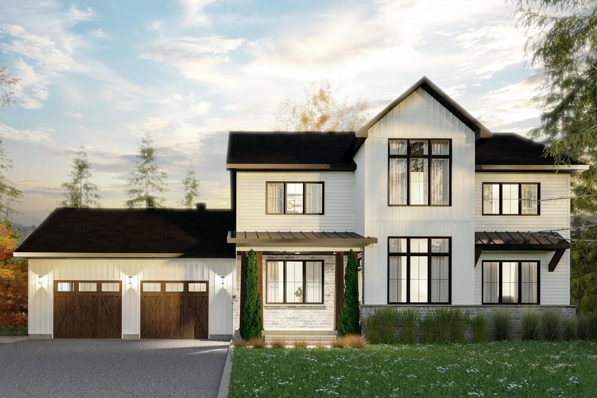 House plan exterior. Two-story Modern Farmhouse with gables, a covered porch, and a detached garage with two bays.
