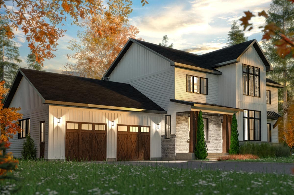 Modern Farmhouse two-story house plan exterior with white siding, dual gables, a covered entry, and a three-car garage.