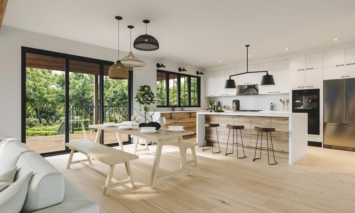 Interior rendering of an open-concept dining, kitchen, and living area with a large island, pantry cabinets, and deck access.