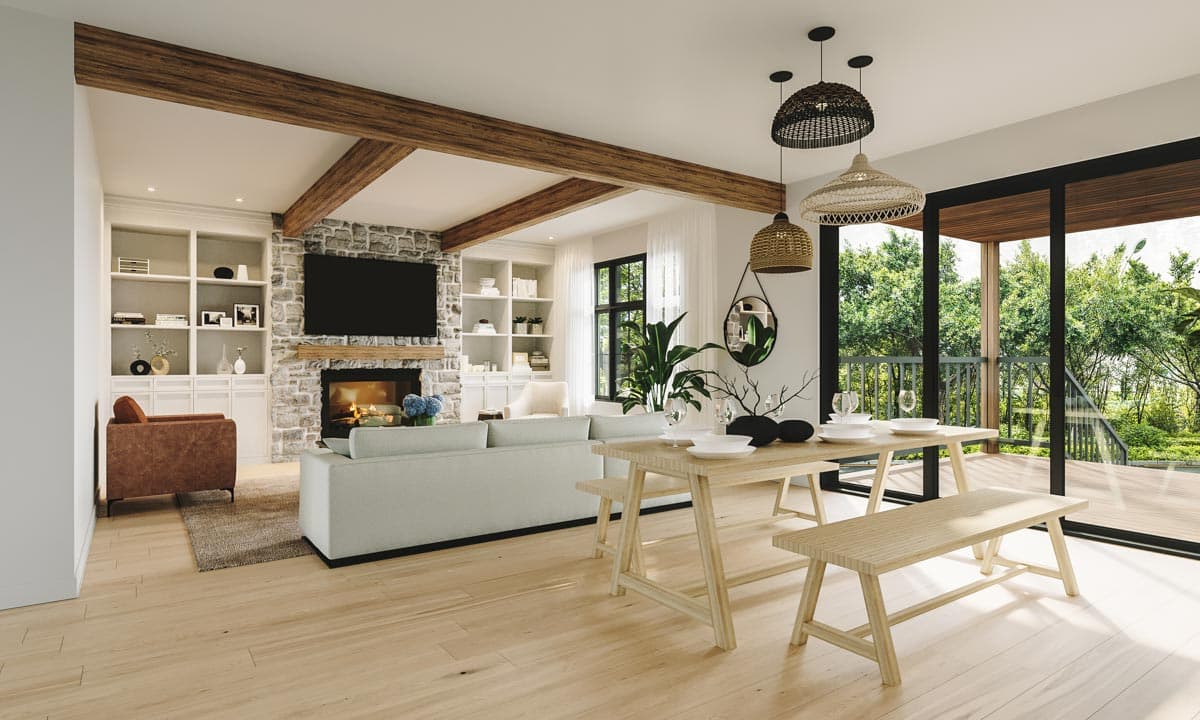 Interior rendering of a living and dining area with a stone fireplace, built-in shelves, and large sliding glass doors.