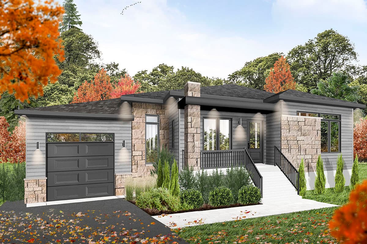House plan exterior. Modern style with stone accents, low-pitched roof, and attached garage. Features include a covered entry and multiple windows.