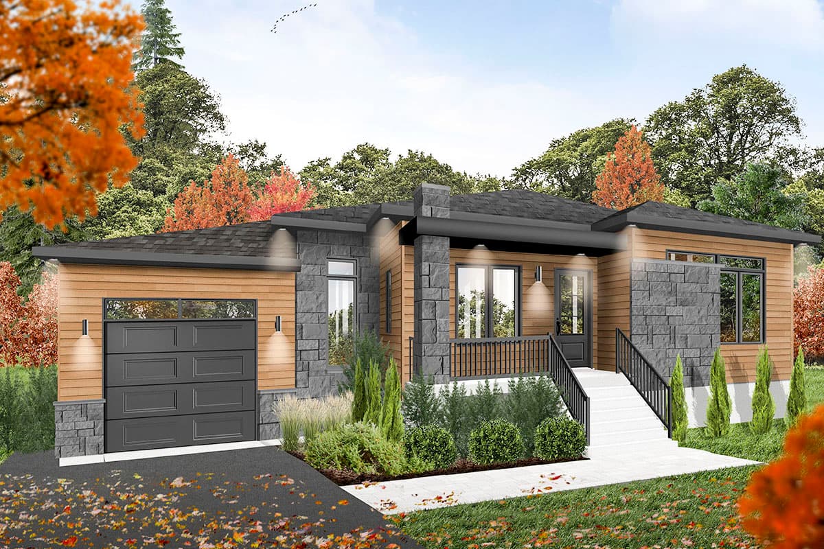 Modern ranch house plan exterior with horizontal wood siding, stone accents, pitched roof, and attached garage.