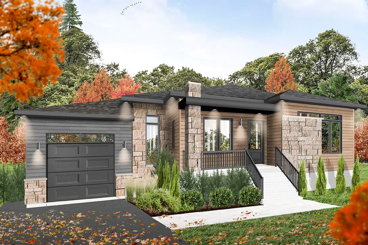 House plan exterior: Modern Ranch, one story, single-car garage, stone and wood siding, sloped roofline, covered porch.