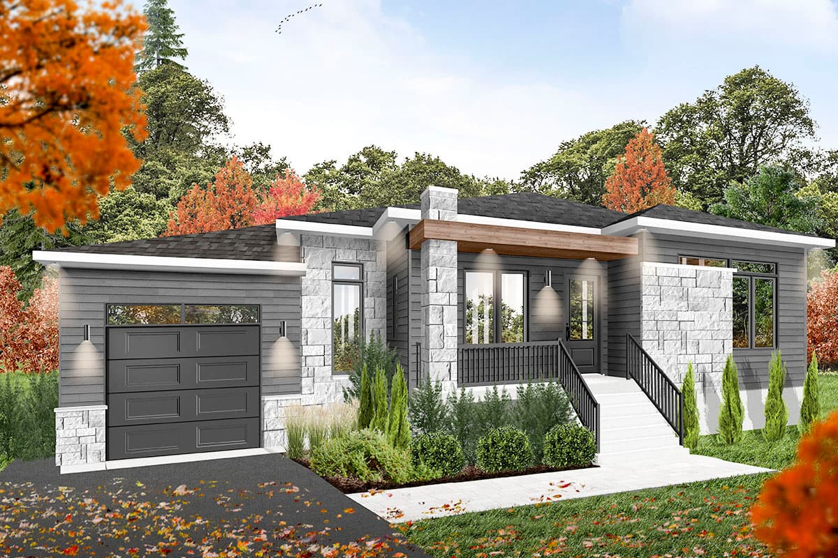 Modern house plan exterior with attached garage, stone and siding facade, covered entry with wood beam accent.