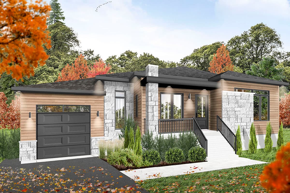 House plan exterior: Modern style, single-story, with wood siding, stone accents, front-facing garage, and covered entry porch.