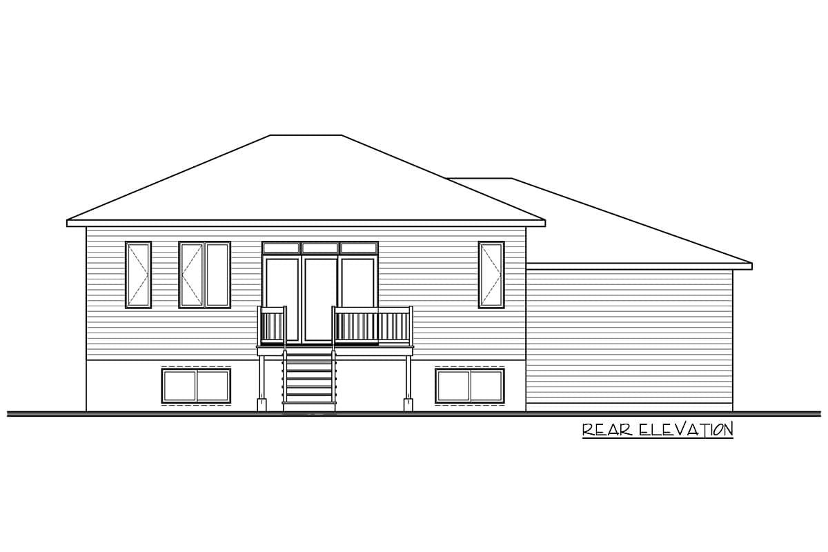 Rear elevation drawing of a house plan showing a central glass door and deck with railings, flanked by windows. 