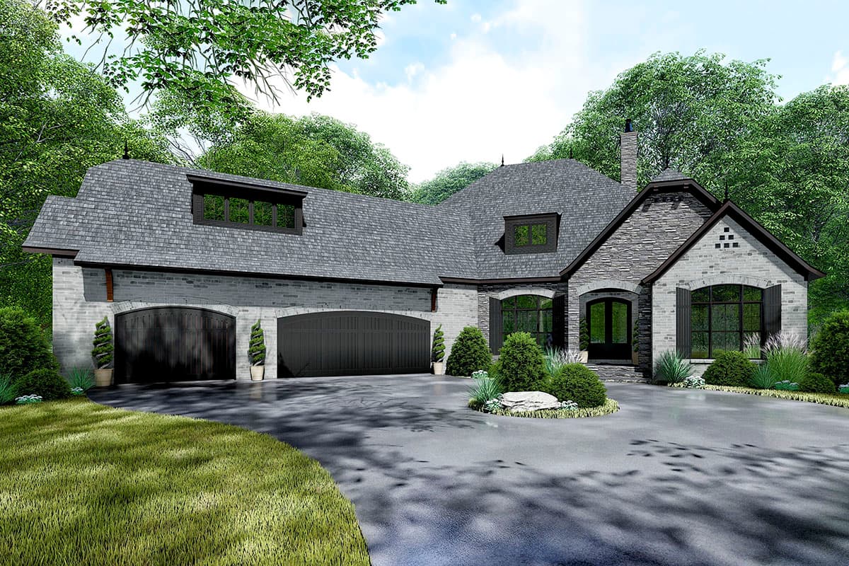 House plan exterior. Two-story, stone and brick facade with a gable roof, dormers, and an arched garage door.