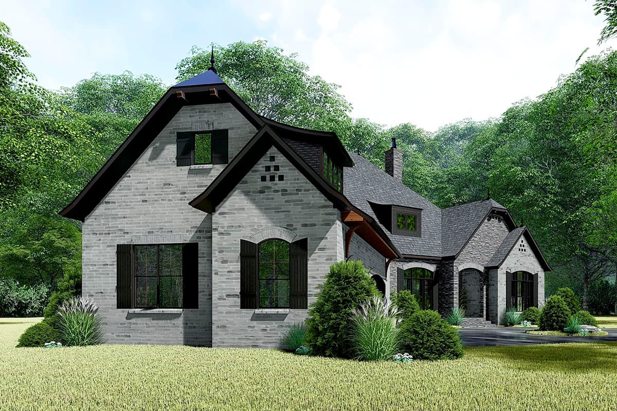 House plan exterior: Two-story home with stone accents, arched entryways, multiple gables, dormer windows, and brick facade.