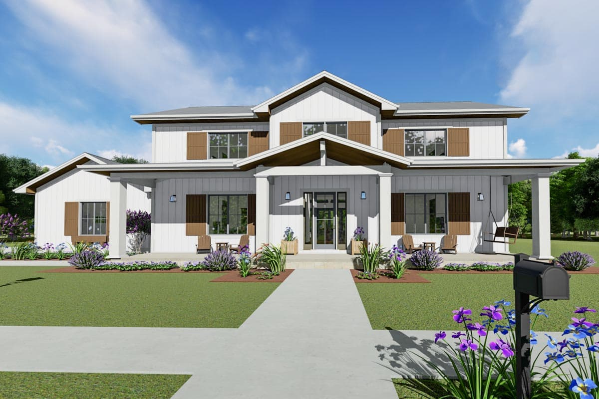 Modern Farmhouse house plan exterior, two stories, white board and batten siding, prominent gables, covered front porch with columns and swing.