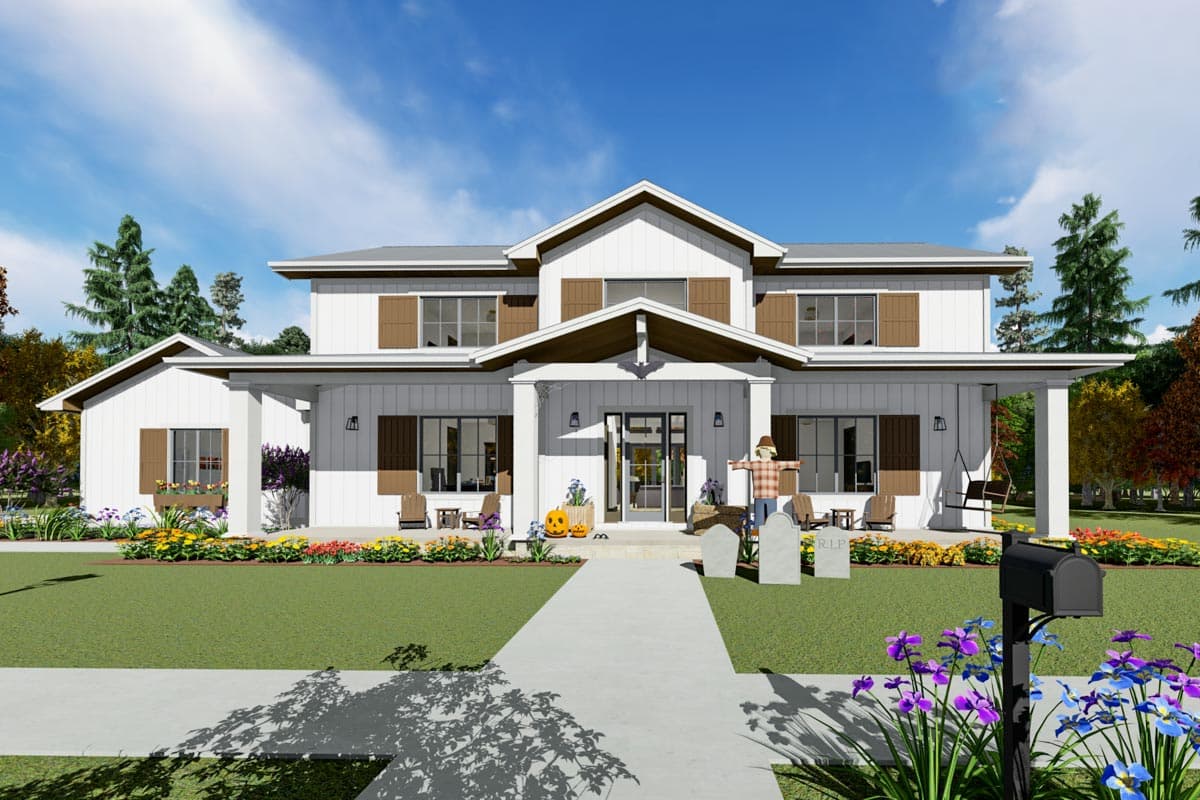 Two-story Modern Farmhouse with a wraparound porch, gables, and board-and-batten siding.