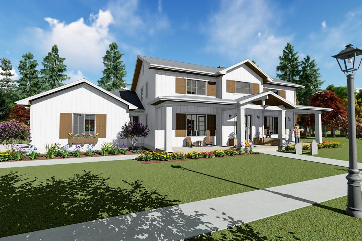 Modern Farmhouse style house plan, two stories, white board-and-batten siding, multiple gables, covered front porches.