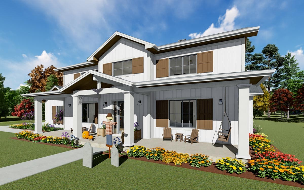 Modern Farmhouse house plan exterior with a deep wraparound porch, gables, and board and batten siding.