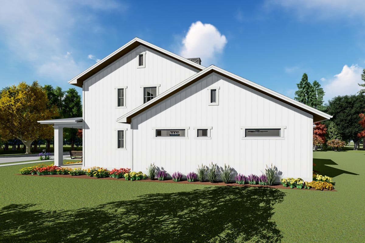 House plan exterior: two-story Modern Farmhouse with gabled roof, shed dormers, and covered porch with swing.