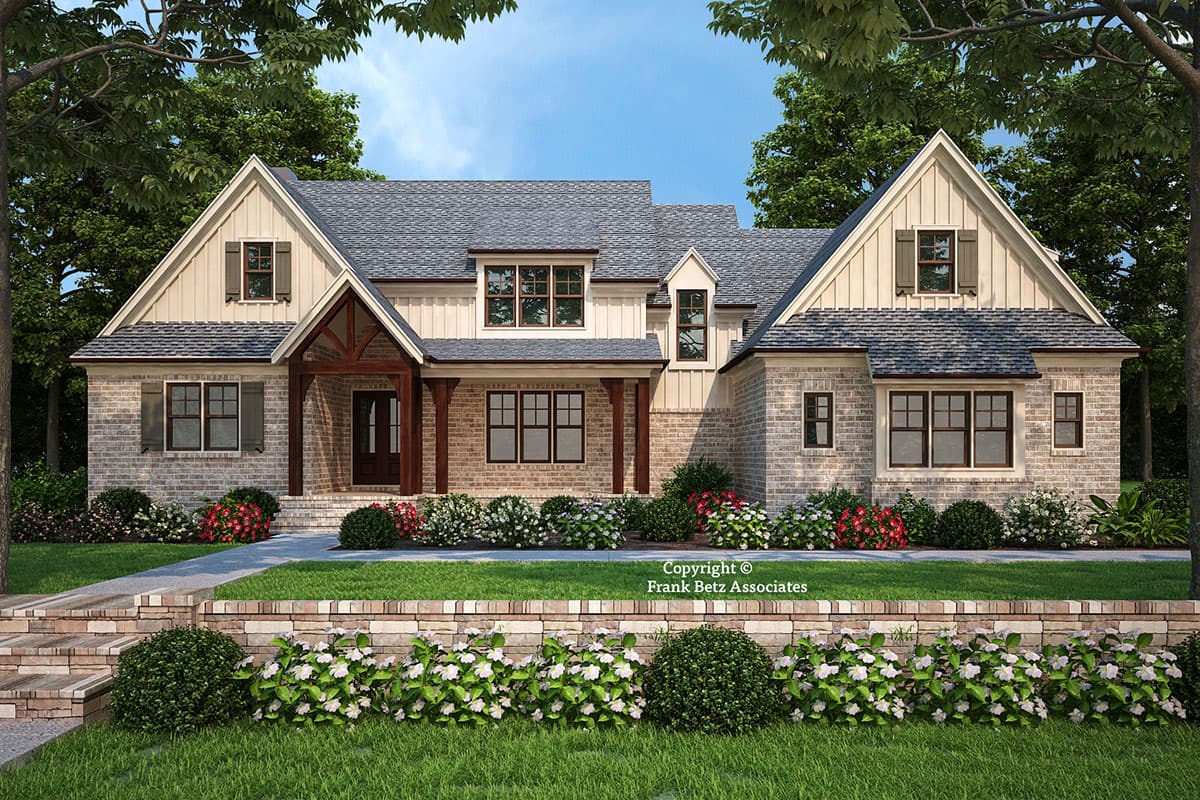House plan exterior with a prominent gabled front entrance, brick facade, board-and-batten siding, and dormer windows.