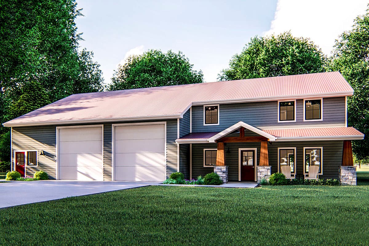 House plan exterior. Two-story home with a gabled roof, a front porch with timber-framed columns, and a two-car garage.