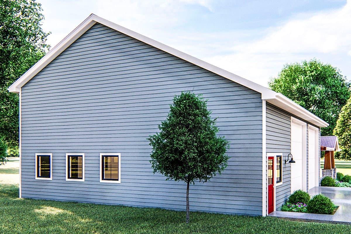House plan exterior, modern style, two stories, blue siding, three windows, red door, and two garage doors.