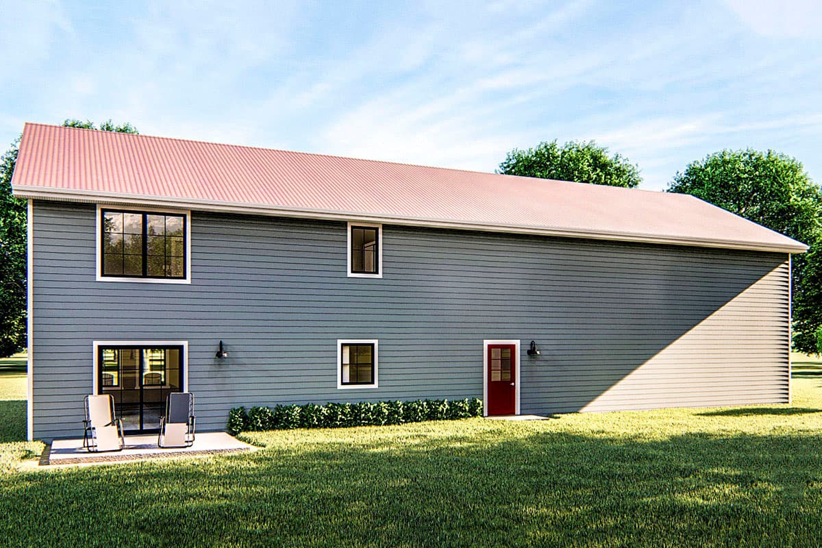 House plan exterior with gray siding, a red metal roof, two stories, multiple windows, and a red door.