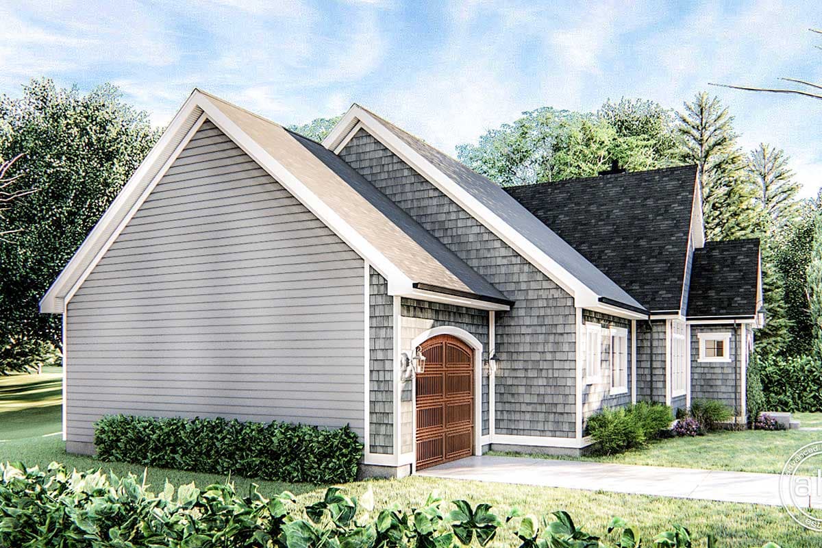 House plan exterior with gray siding, gray shingle siding, a gambrel roofline, and a wooden garage door with arched trim.