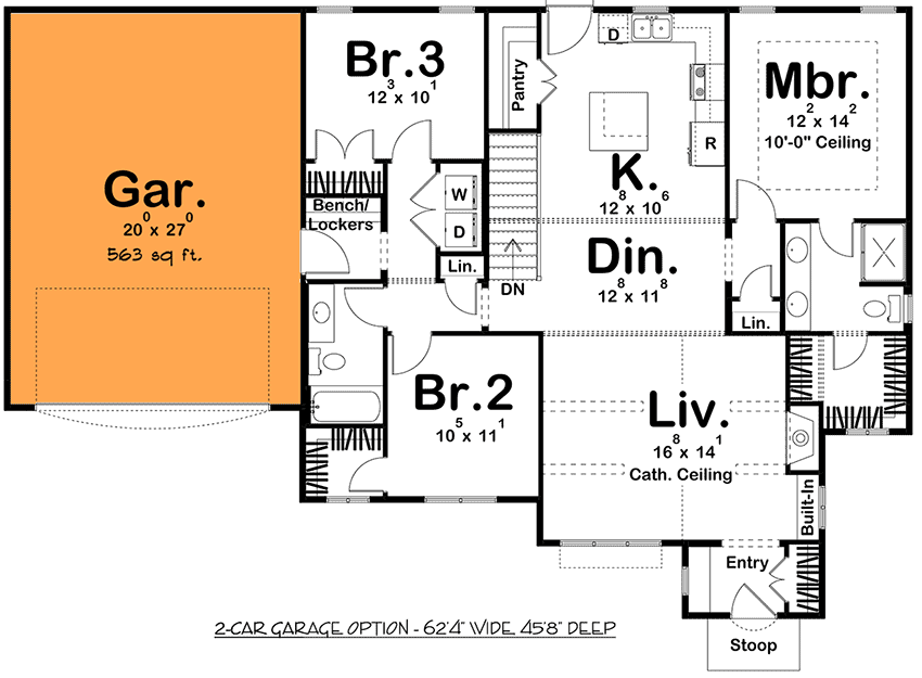 Plan 62806DJ: 3-Bed Modern Cottage-style House Plan with Split Bedroom Layout - Floor Plan - 2-Car Garage Option - Cottage, Shingle