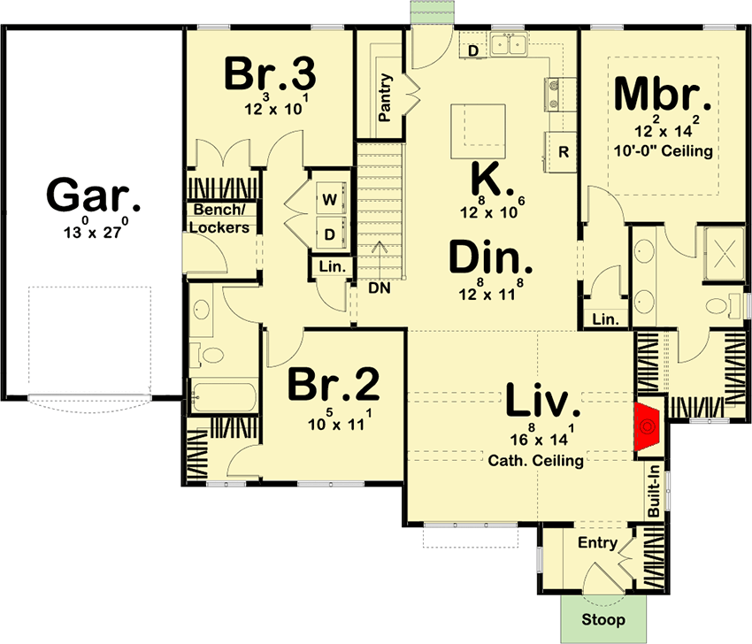 Plan 62806DJ: 3-Bed Modern Cottage-style House Plan with Split Bedroom Layout - Floor Plan - Main Level - Cottage, Shingle