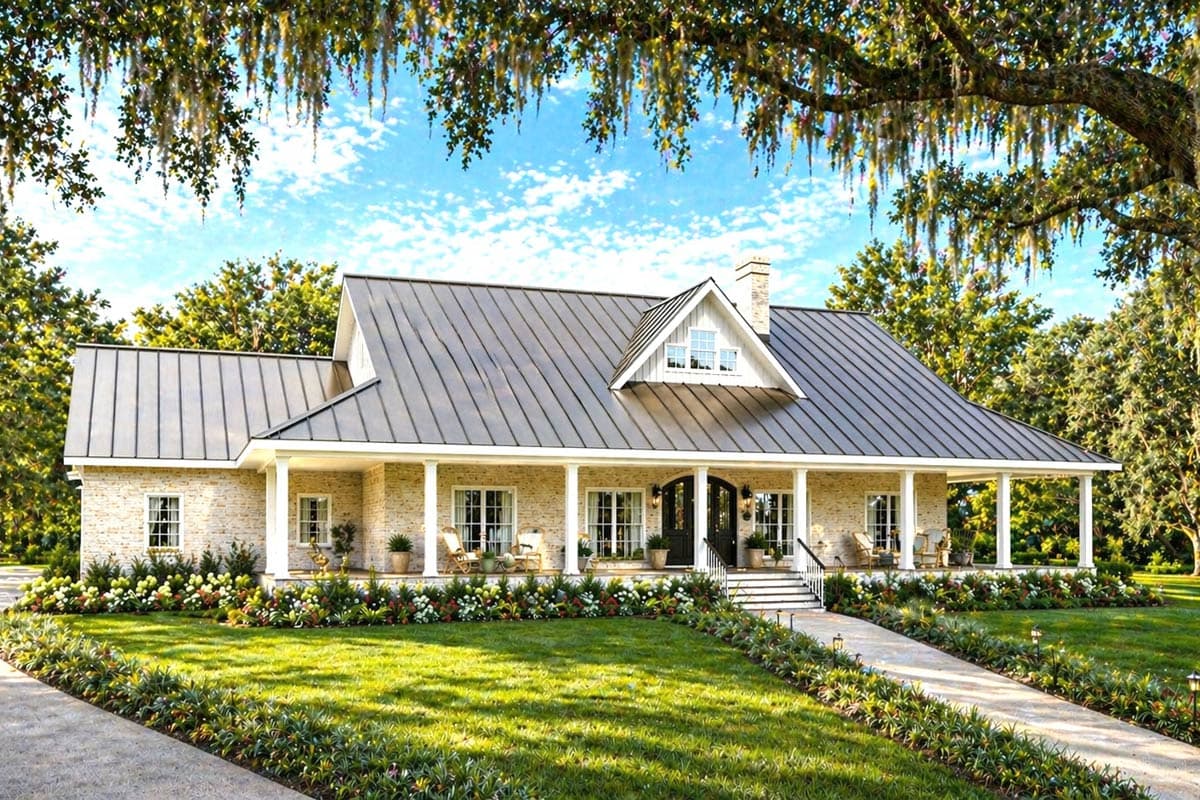 House plan exterior: Modern Farmhouse style, one-and-a-half stories, metal roof, stone exterior, wrap-around porch, dormer.