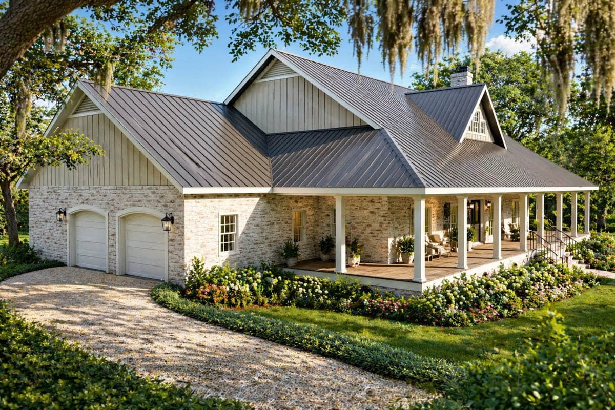 House plan exterior with stone facade, metal roof, gable dormer, and wraparound porch with white columns.