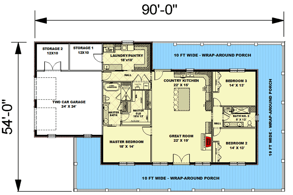 Plan 25018DH: One-Level Country Home Plan with Idyllic Wrap-Around Porch - Floor Plan - Main Level - Country, Farmhouse, Southern, Southern Traditional, Traditional