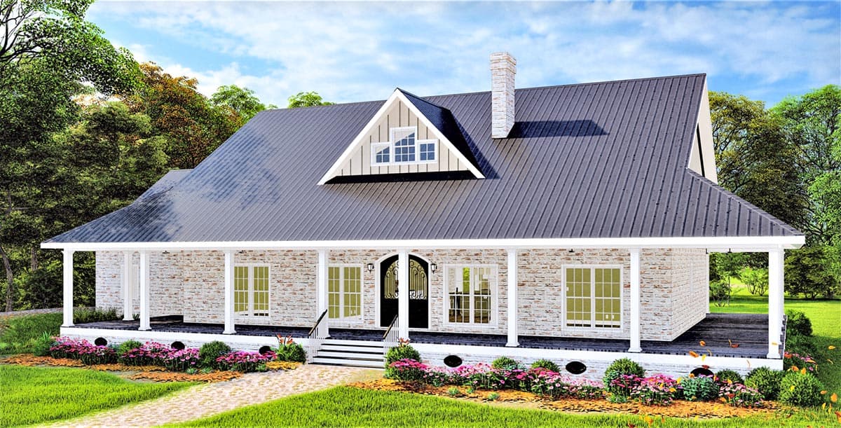 House plan exterior: Two-story Modern Farmhouse with wraparound porch, gabled dormer, metal roof, and stone facade.