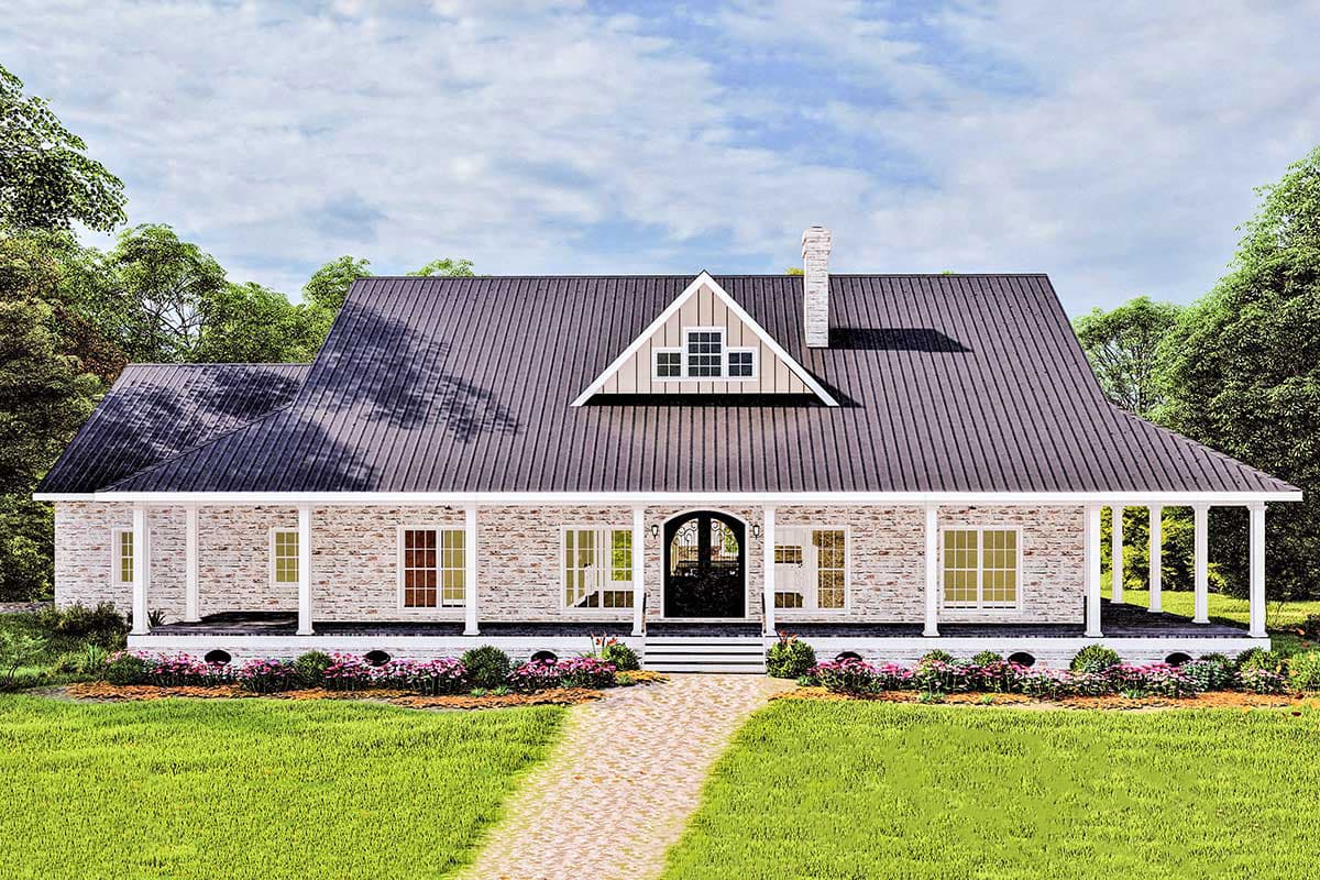 House plan exterior. Farmhouse style with a front porch, a gabled roof, and a decorative dormer. One story brick house.