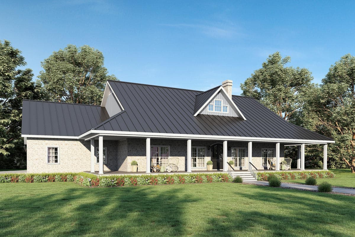 House plan exterior: Modern farmhouse style, one story, metal roof, wraparound porch, brick facade, gable dormer with window.