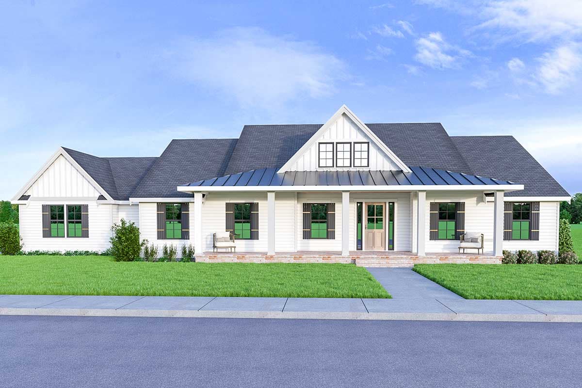 Modern Farmhouse house plan exterior with gabled dormer, covered front porch with metal roof, and white board-and-batten siding.