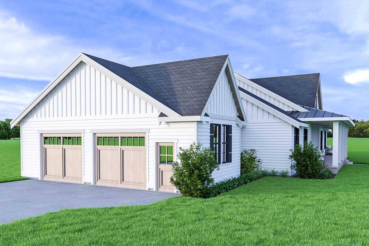 Modern Farmhouse house plan exterior with a three-car garage, board and batten siding, gables, and a covered porch.