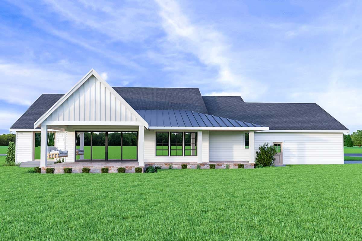 House plan exterior: Single-story Modern Farmhouse with large gabled dormer, covered porch with swing, and metal roof.