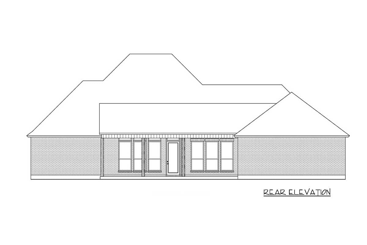Rear elevation of a one-story house plan, featuring brick exterior, multiple windows, and a central door.