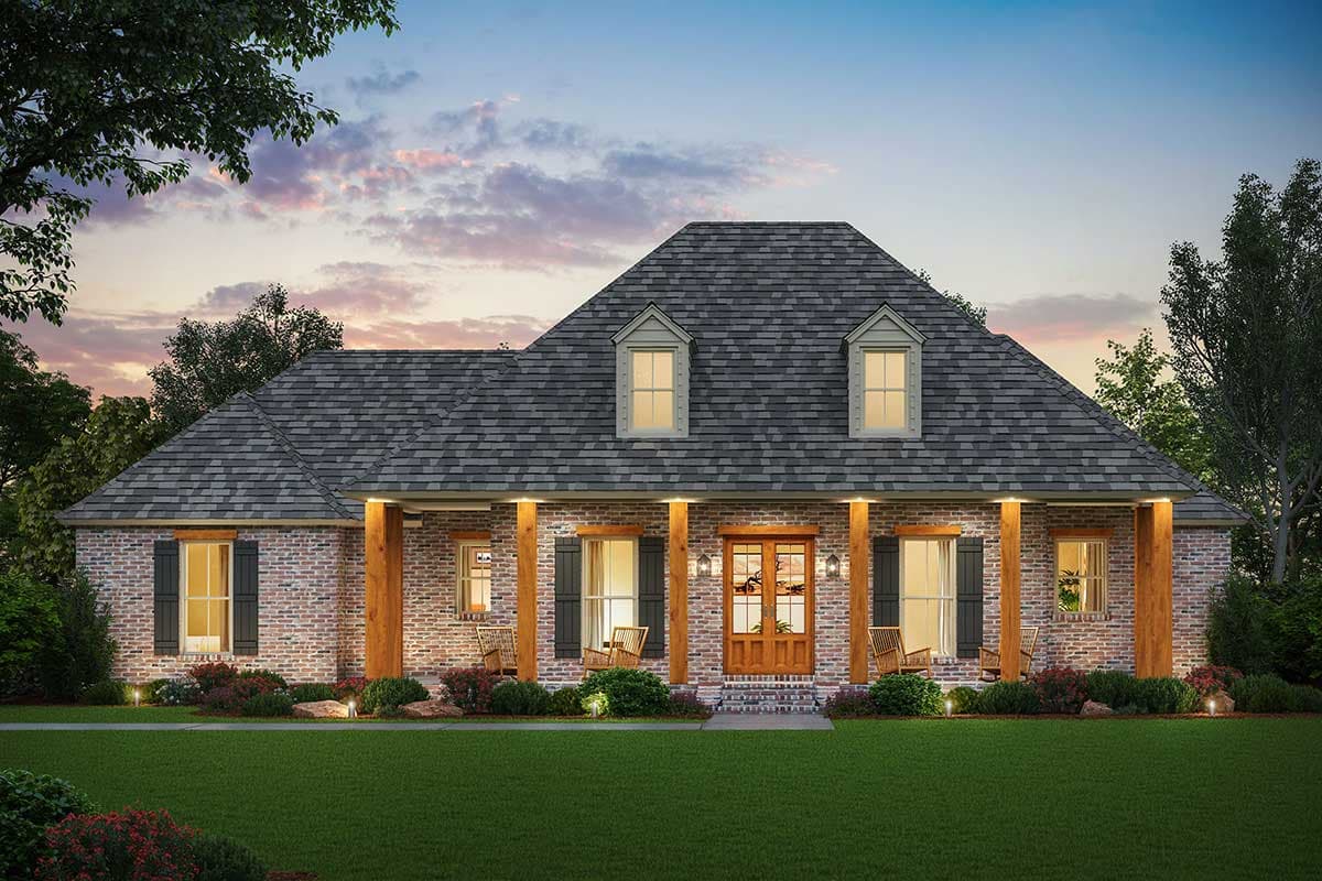 House plan exterior with brick facade, front porch supported by wood columns, gable roof with dormers, and black shutters.