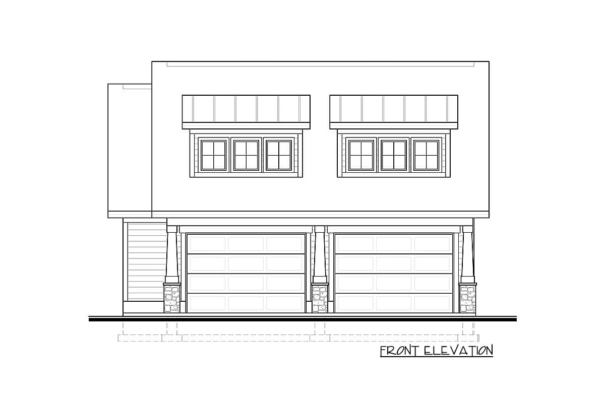 Front elevation drawing of a house plan with a two-car garage and upper-level windows.